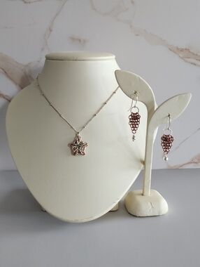 Set Of 2 Hand Crafted Silver & Copper Star Necklace & Chain Drop Earrings